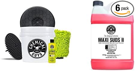 CWS_101BK Car Wash Detailing Bucket, Mitt & Accessories Bundle (6 Items) Featuring Maxi-Suds II Foaming Car Wash Soap, 128 oz (1 Gal), Cherry Scent - Works on Cars, Trucks, SUVs, & More