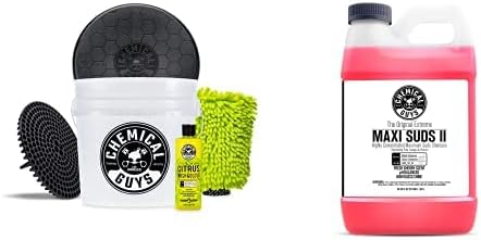 CWS_101_64BK Car Wash Detailing Bucket, Mitt & Accessories Bundle (6 Items) Featuring Maxi-Suds II Foaming Car Wash Soap 64 oz (.5 Gal) Cherry Scent - Works on Cars, Trucks, SUVs, & More