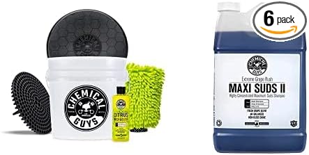 CWS_1010BK Car Wash Detailing Bucket, Mitt & Accessories Bundle (6 Items) Featuring Maxi-Suds II Foaming Car Wash Soap, 128 oz (1 Gal), Grape Scent - Works on Cars, Trucks, SUVs, & More