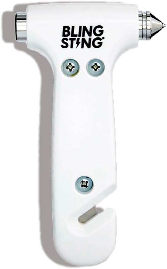 Safety Hammer - Emergency Automotive Escape Tool with Window Breaker, Seat Belt Cutter & Adjustable Car Visor Strap - Tempered Glass Breaker - Steel Blade - White (1 Count)