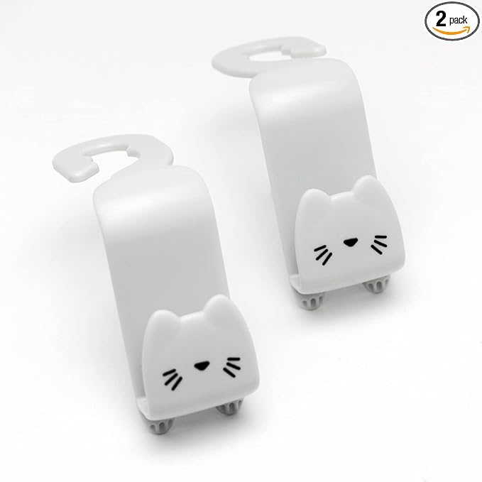 Light Grey Cute Cat Car Seat Headrest Hooks, 2 Pack 360 Rotation Universal Car Purse Hook with Phone Holder, 44LBS Heavy Duty Vehicle Hanger for Bags Coats Groceries