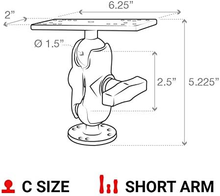 Marine Electronics Mount, C Size 1.5" Ball with Short Arm, Drill-Down Mount for Fish Finders & Chartplotters, 6.25" x 2" Plate RAM-111U-B