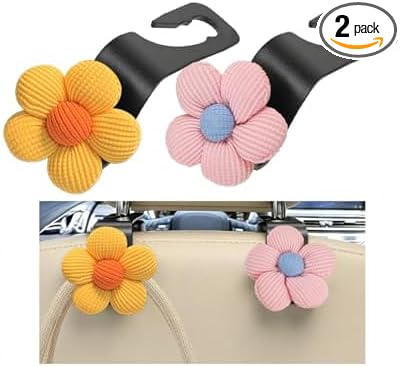 2PCS Car Seat Headrest Hook, Cute Flower Vehicle Backseat Purse Handbag Storage Hanger, Floral Auto Seat Back Holder Hook for Coat Umbrella Grocery, Universal for Vehicles (Pink/Yellow)