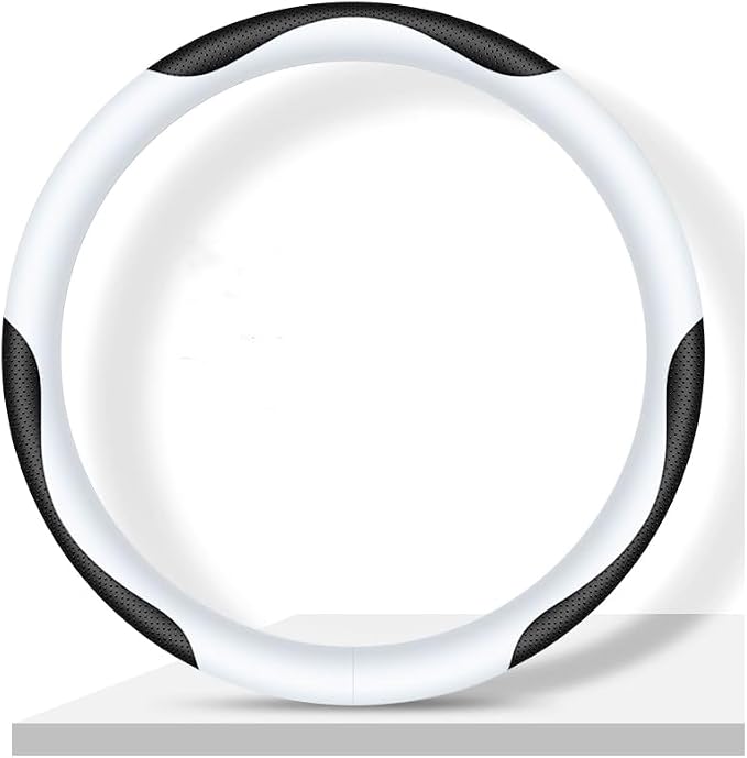 Leather Car Steering Wheel Cover, Elegant, Fashionable, Comfortable, Non-Slip, Breathable, Universal 15 inch, Black and White