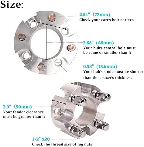 2 Inch Golf Cart Wheel Spacers Kit with Lug Nuts - for Yamaha,Club Car,EZGO, 4x4 Bolt Pattern, 68mm Hub Bore, 1/2-20 Studs, CNC Aluminum, 4 Pack Wheel Hub Adapters