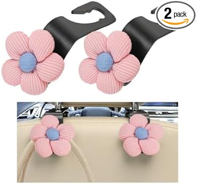 2PCS Car Seat Headrest Hook, Cute Flower Vehicle Backseat Purse Handbag Storage Hanger, Floral Auto Seat Back Holder Hook for Coat Umbrella Grocery, Universal for Vehicles (Pink)