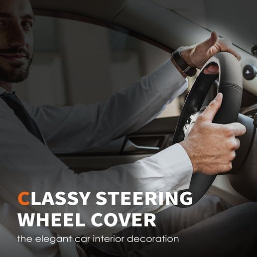 Car Steering Wheel Cover - Universal Car Accessory for Diverse Cars, Leather Cover with Anti-Slip Lining, for Steering Wheel with a Diameter of 14.5"-15",Black