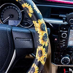 Sunflower Steering Wheel Cover Cute and Handmade,Leather Universal Steering Wheel Cover 15 inch, Fashionable Boho Sunflower Car Accessories for Women,Top Girl Car Accessories