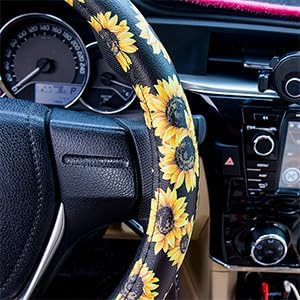 Sunflower Steering Wheel Cover Cute and Handmade,Leather Universal Steering Wheel Cover 15 inch, Fashionable Boho Sunflower Car Accessories for Women,Top Girl Car Accessories