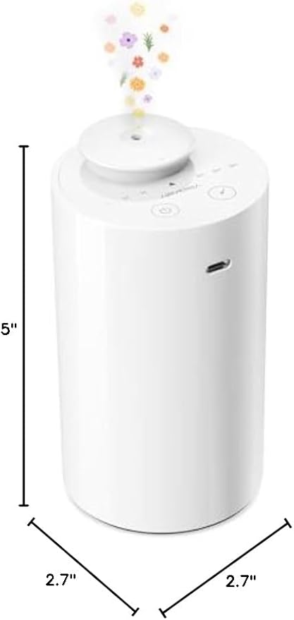 Waterless Diffuser for Essential Oil, Car Diffsuer, Battery Operated Nebulizer, 0.7 Fl Oz/ 20mL, Mini Scent Air Machine, 3 Timers & 3 Mist Levels for Home, Room, Car, Office - AN6 White