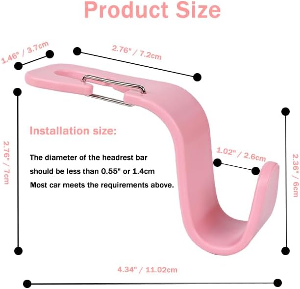 4-Pack 360° Rotating Universal Car Headrest Hooks, Car Organizer Hanger Storage Hooks for Bag Purse Cloth Grocery Universal Fit with Clip Pink