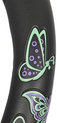 GripGrab Comfort Grip - Purple & Green Butterflies on Black Synthetic Leather Steering Wheel Cover 15 inch
