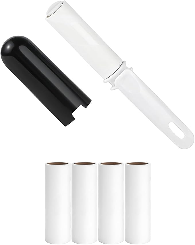 Travel Lint Roller for Clothes Mini Foldable Lint Roller with Cover and 4 Refills Total 150 Extra Sticky Sheets Travel Size Pet Hair Remover Roller (Black)