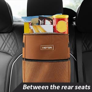 Brown Car Trash Can with Adjustable Strap, Magnetic Snaps, Waterproof Lining, and Storage Pocket