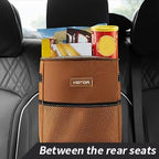 Brown Car Trash Can with Adjustable Strap, Magnetic Snaps, Waterproof Lining, and Storage Pocket