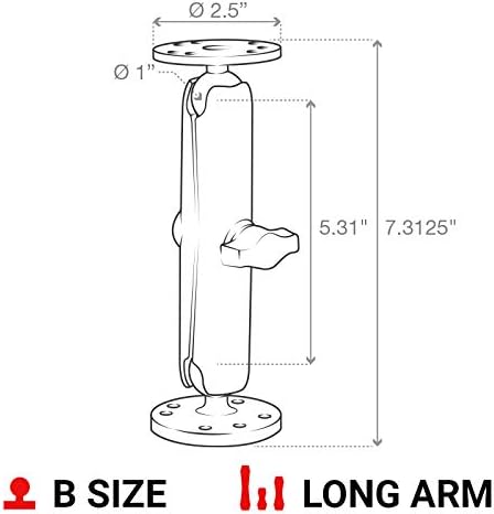 Drill-Down Mount with Double Socket Arm and Dual 2.5" Round AMPS Plates, B Size 1" Ball Mount for Vehicle, Marine & Industrial Device Mounting RAM-B-101U-C