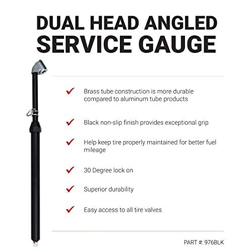976BKL Dual Head Angled Chuck Tire Pressure Service Gauge, Non-Slip Grip Matte Black Poly Finish -13” 1-160 PSI For Large Vehicle Tires