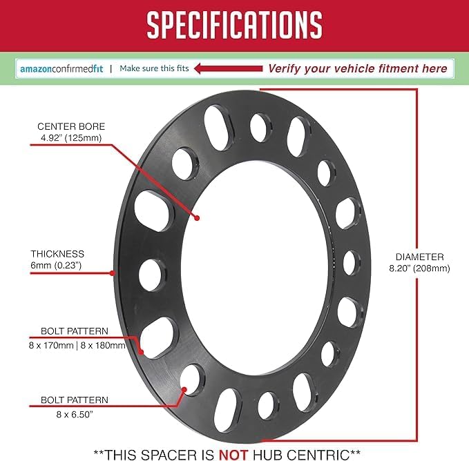 2 Pcs Universal Wheel Spacers 12mm 1/2" Thick Fits Bolt Patterns 8x6.50 8x165.1mm 8x170mm 8x180mm Chevy Siverado 2500 3500 | Ford F250 F350 | Ram 2500 3500 - Not Hub Centric