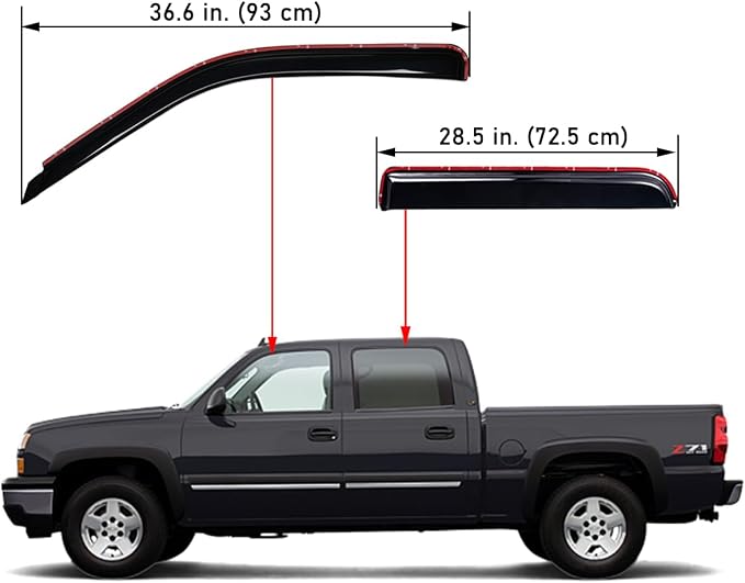 In-Channel Rain Guards, Fits 2001-2007 Chevrolet Silverado & GMC Sierra 1500 (HD), 2500 (HD), 3500, Crew Cab; 2002-2006 Chevrolet Avalanche & Suburban, Cadillac Escalade EXT, GMC Yukon XL, Smoke, 4Pcs