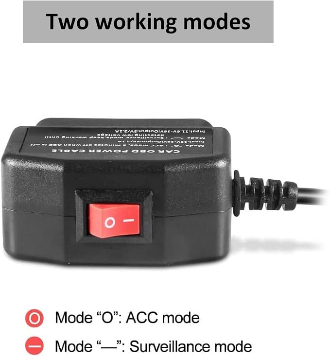 Universal OBD OBD2 Power Cable for Dash Camera 24 Hours Surveillance/Acc Mode with Switch Button, 3Pin OBDII Adapter Hardwire Charger Cable 12-26V to 5V 2.5A (Mini Curved Left Port) (2)