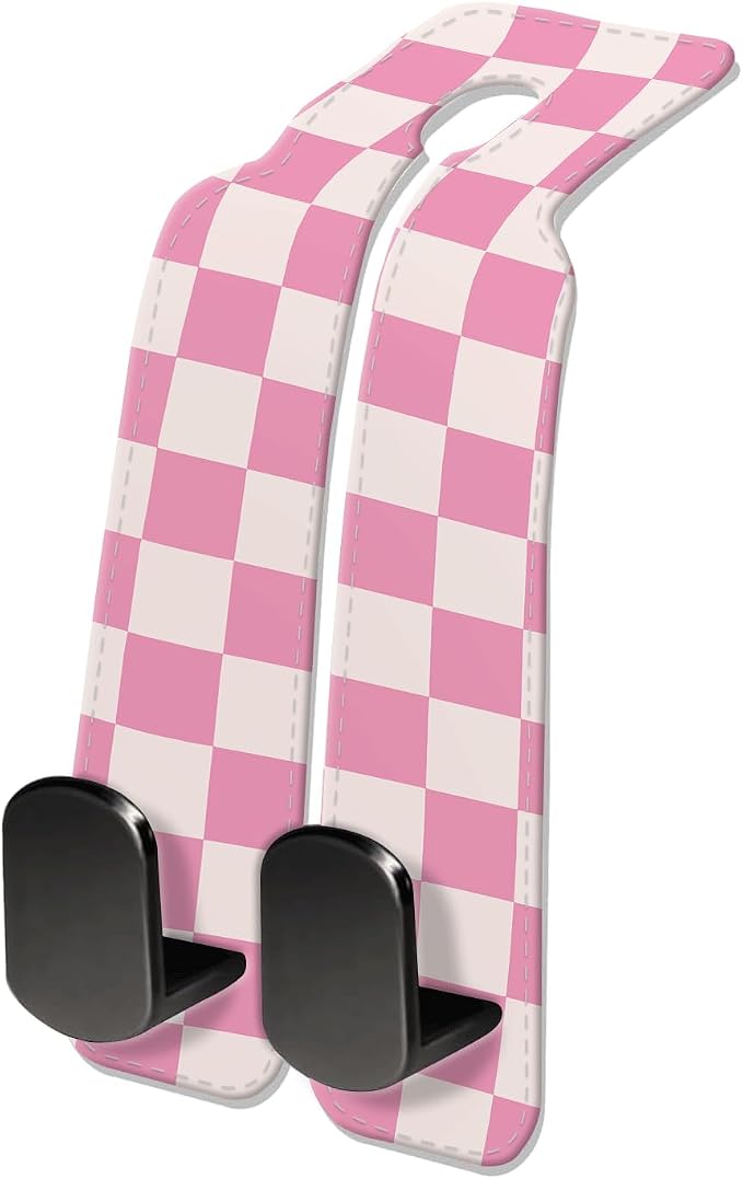 Car Seat Headrest Hook, Universal Leather Cute Hanger Holder Hook, Storage Organizer Interior Accessories for Purse Bags Handbag Cute Pink Checkerboard
