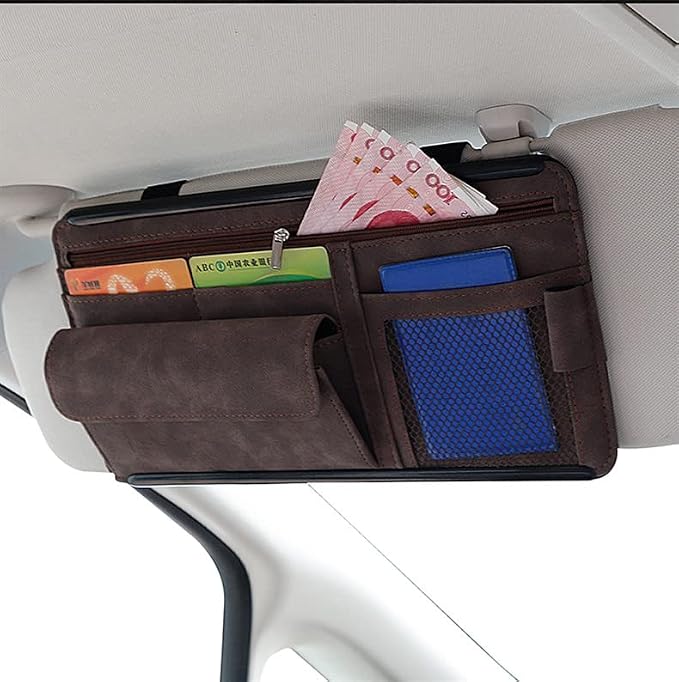 Car Sun Visor Organizer Glasses Case Storage Bag note Holder Car suede Zipper Card Hold Car Organizers and Storage (brown)