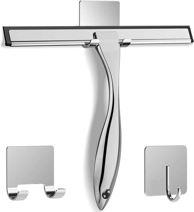 All-Purpose Stainless Steel Shower Squeegee for Shower Glass Door with 2 Adhesive Hooks, Bathroom Cleaner Tool Household Window Mirror Squeegee, Cleaning Tile Wall, Car, 10 Inch Silver