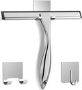 All-Purpose Stainless Steel Shower Squeegee for Shower Glass Door with 2 Adhesive Hooks, Bathroom Cleaner Tool Household Window Mirror Squeegee, Cleaning Tile Wall, Car, 10 Inch Silver