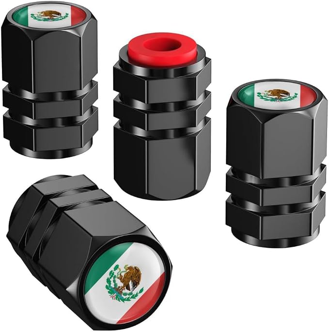 Mexico Flag Tire Valve Stem Caps and Genuine Leather Car Keychain Keyring Compatible with Mexican Flag Accessories (MFXICO)