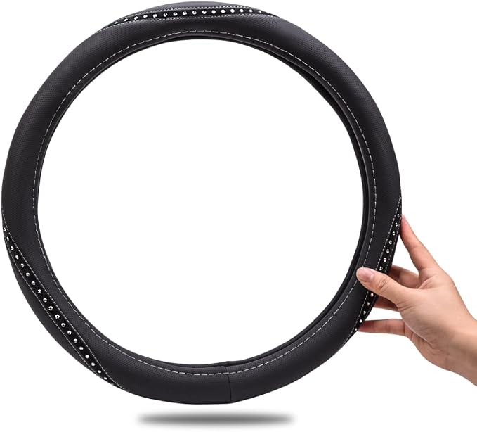 Bling Diamond Black Leather Steering Wheel Cover, Studded Crystal Rhinestones Universal Fit 14" 1/2-15" Glitter for Women Sparkle Girl Fit Suvs,Vans,Sedans,Car,Trucks, Silver Diamond