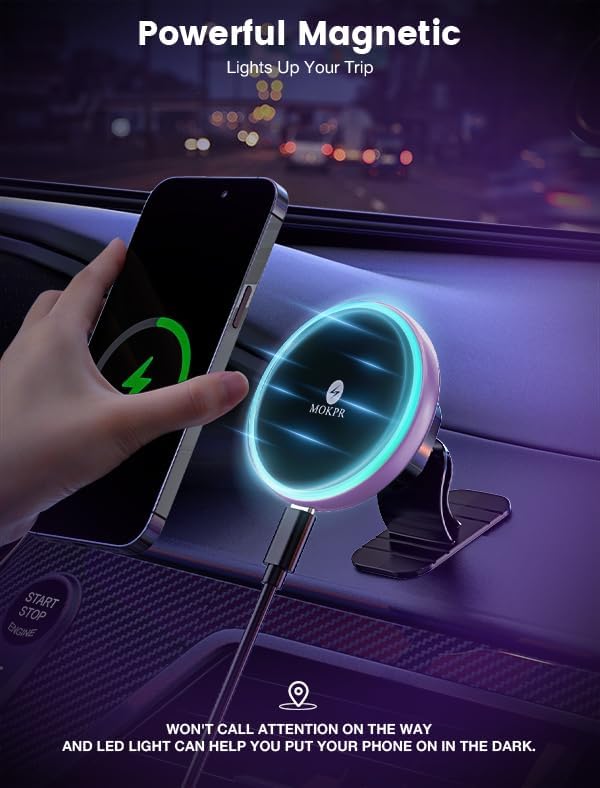 for Magsafe Car Mount Charger-15W Wireless Car Charger-Magnetic Car Phone Holder for Dash Air Vent-LED RGB HandsFree Car Mount Fast Car Charger for iPhone 14/13/12 Series