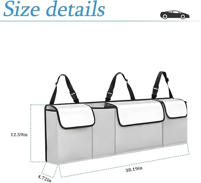 Car Trunk Organizer, Backseat Hanging Large Storage with Adjustable Straps, Waterproof Collapsible Cargo Bag with 4 Pockets, Sturdy Space Saver Frees Trunk Floor for SUV, Truck, MPV
