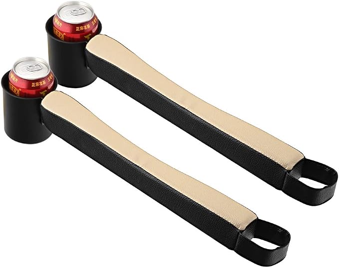 2 Prices Car Seat Gap Filler Pad PU Leather Console Side Pocket Organizer and one Cup for Cellphone Wallet Coin Key (Black+Beige)
