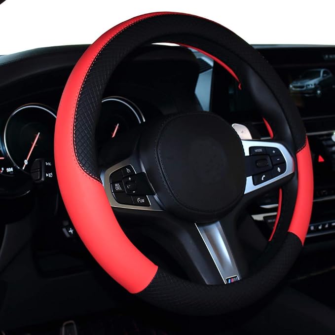 Car Steering Wheel Cover, Leather, Universal 15 Inch Fit, Anti-Slip & Odor-Free (Black&Bright Red)