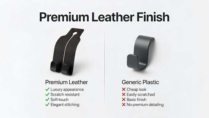 2 Pack Car Seat Headrest Hooks, Black Leather Car Purse Hangers with Red Stitching, Vehicle Back Seat Organizer Hooks for Handbags, Grocery Bags, Keys, Jackets and Accessories