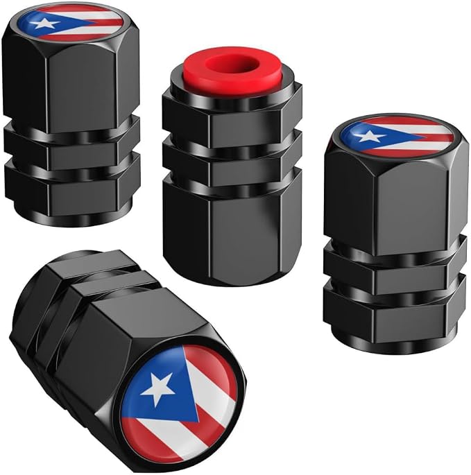 PR Flag Tire Valve Stem Caps and Genuine Leather Car Keychain Keyring Compatible with Puerto rico Flag Accessories (Puerto Rico)