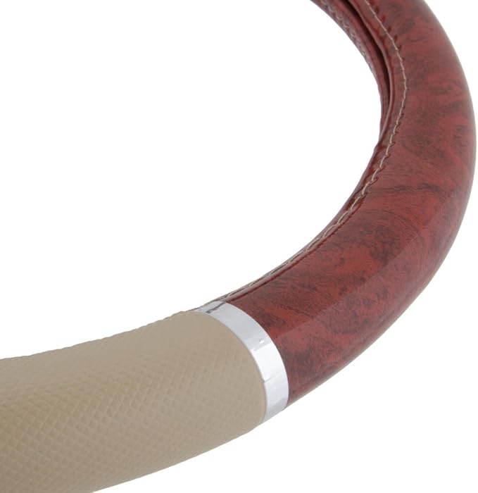 Dark Wood Grain Car Steering Wheel Cover, Standard 15 inch with Beige Faux Leather Grip, Made to Fit Most Auto Truck Van SUV