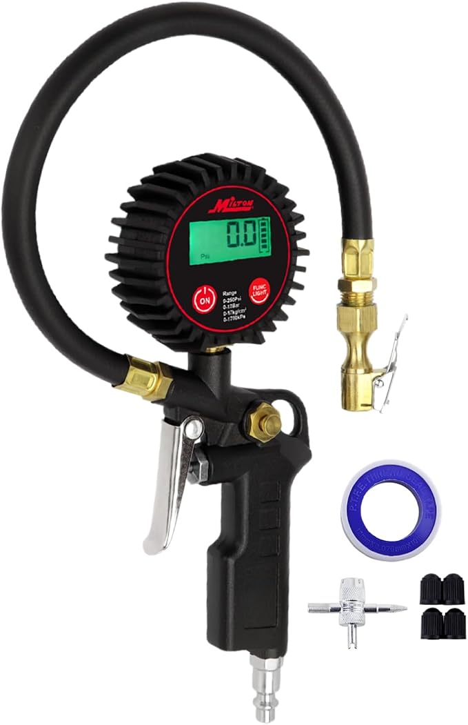 507KIT Digital Tire Inflator Car Accessories w/Accurate Air Tire Pressure Gauge, 14” Rubber Air Hose – 250 PSI, Brass Lock-On Clip Air Chuck and Compressor Accessories
