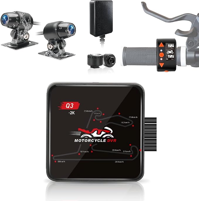 VSYSTO Motorcycle Dash Camera, Dual 2K Starlight Night Vision Cameras with 5G WiFi, Parking Monitoring, GPS, TPMS, Waterproof, Temperature Display, Low Voltage Protection (Q3PRO)