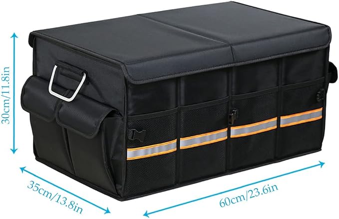 Car Trunk Organizer - Collapsible Trunk Organizer & Lid Foldable Cover Aluminium Alloy Handle Reflective Strip for Auto, SUV, Truck, Minivan (L Black)