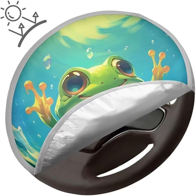 Universal Car Steering Wheel Sun Shade Cover Green Frog Heat-Resist Aluminum Foil Steering Wheel Cover for Most of Car SUV Truck Van