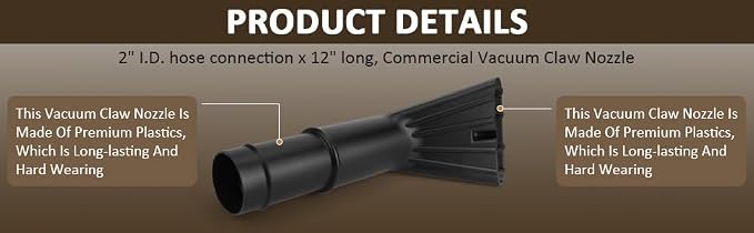 Vacuum Claw Nozzle 2" x 12" for Wet/Dry Use, Fits Car Washes, Gas Station Vacuums, and Utility Shop Vacs for Auto Care and Home (Black)
