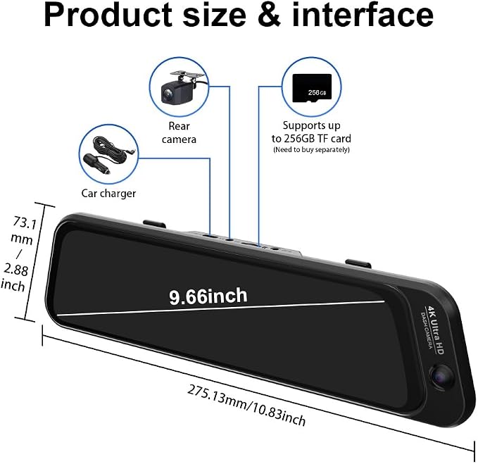 Three Recording Camera: 4K+2K+2K HD Car Dash Cam with Voice Control, Wi-Fi Rearview Camera, WDR Night Vision, G-Type Sensor, 24H Parking Monitoring & ABS