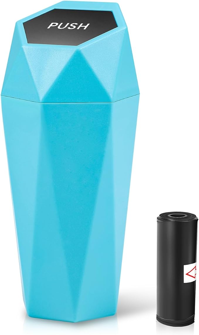 Car Trash Can with Lid, Blue Car Garbage Can Cup Holder for Interior, 1 Pack Mini Leakproof Garbage Can with 15Pcs Trash Bags, Multipurpose Storage Organizer for Vehicle Home Office