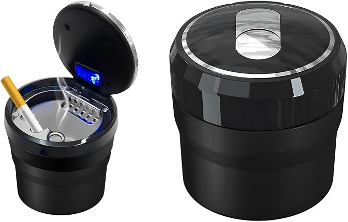 Car Ashtray with Lid, Easy Clean Up Detachable Smokeless Ashtray with LED Blue Light, Portable Mini Ash Tray Cup Holder for Car Home Office Travel, Interior Auto Accessories (Black, Small)
