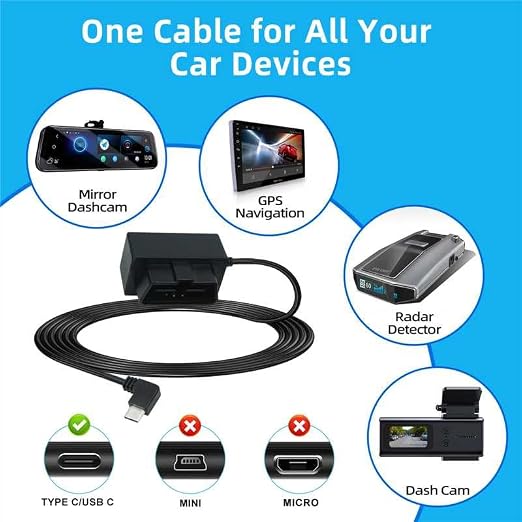 2Pcs Dash Cam Hardwire Kit，OBD Power Cable for Dash Camera ，USB Type C Adapter Hardwire Charger Cable for Dashcam with Low Voltage Protection(11.6V Auto-Cutoff) 24h Parking Mode for Dashcam