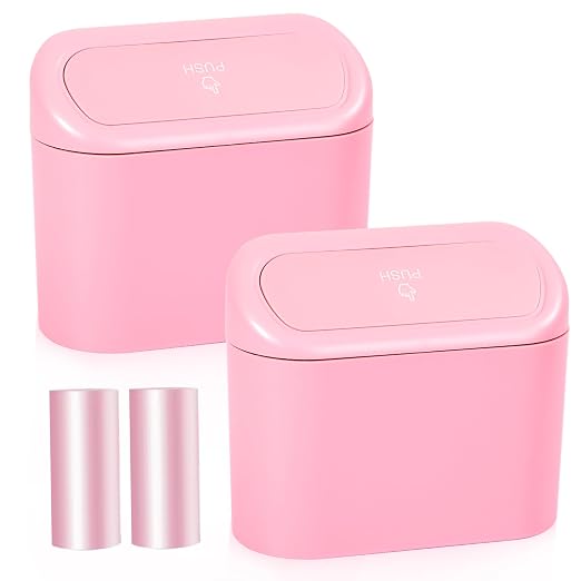 Pink Car Trash Can with Lid - 2 Pack, Mini Auto Garbage Can with 60 Trash Bags, Leakproof Automotive Garbage Container Bin, Multipurpose Organizers and Storage for Car, Home, Office (Pink)
