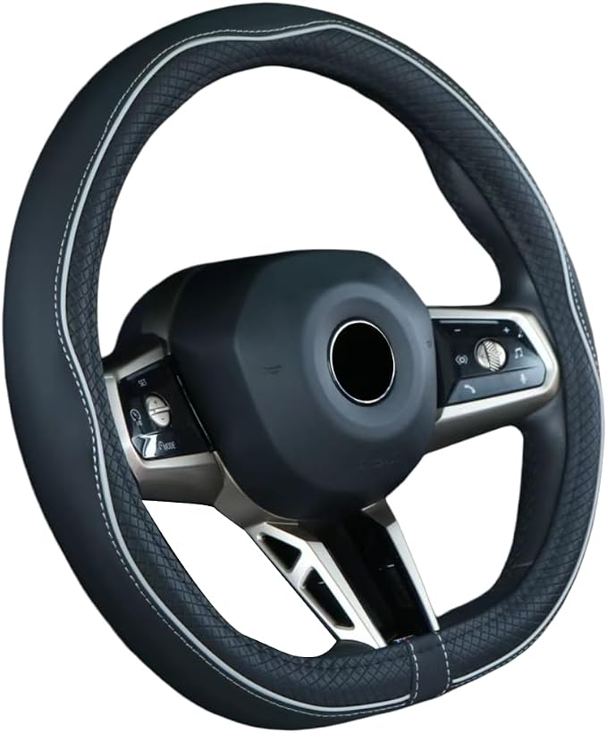 Flat Bottom Steering Wheel Cover Anti-Slip,Safety,Soft,Breathable,Durable,Full Surround,Comfortable Grip Microfiber Leather (D Shape, Black Gray)