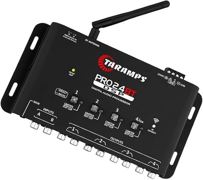 Pro 2.4 BT Bluetooth DSP Crossover Full, Digital Signal Processor, Car Audio Equalizer with App, Gain up to 9V, 15 Band Graphic Equalization, 12 preset EQ, 2 in and 4 Out, High Level Input