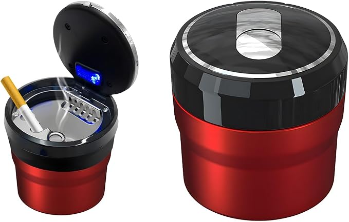 Car Ashtray with Lid, Easy Clean Up Detachable Smokeless Ashtray with LED Blue Light, Portable Mini Ash Tray Cup Holder for Car Home Office Travel, Interior Auto Accessories (Red, Small)